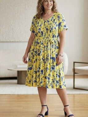 Woman Within Floral Pintuck Casual Midi Dress Yellow Plus Size 26W 3X / 4X